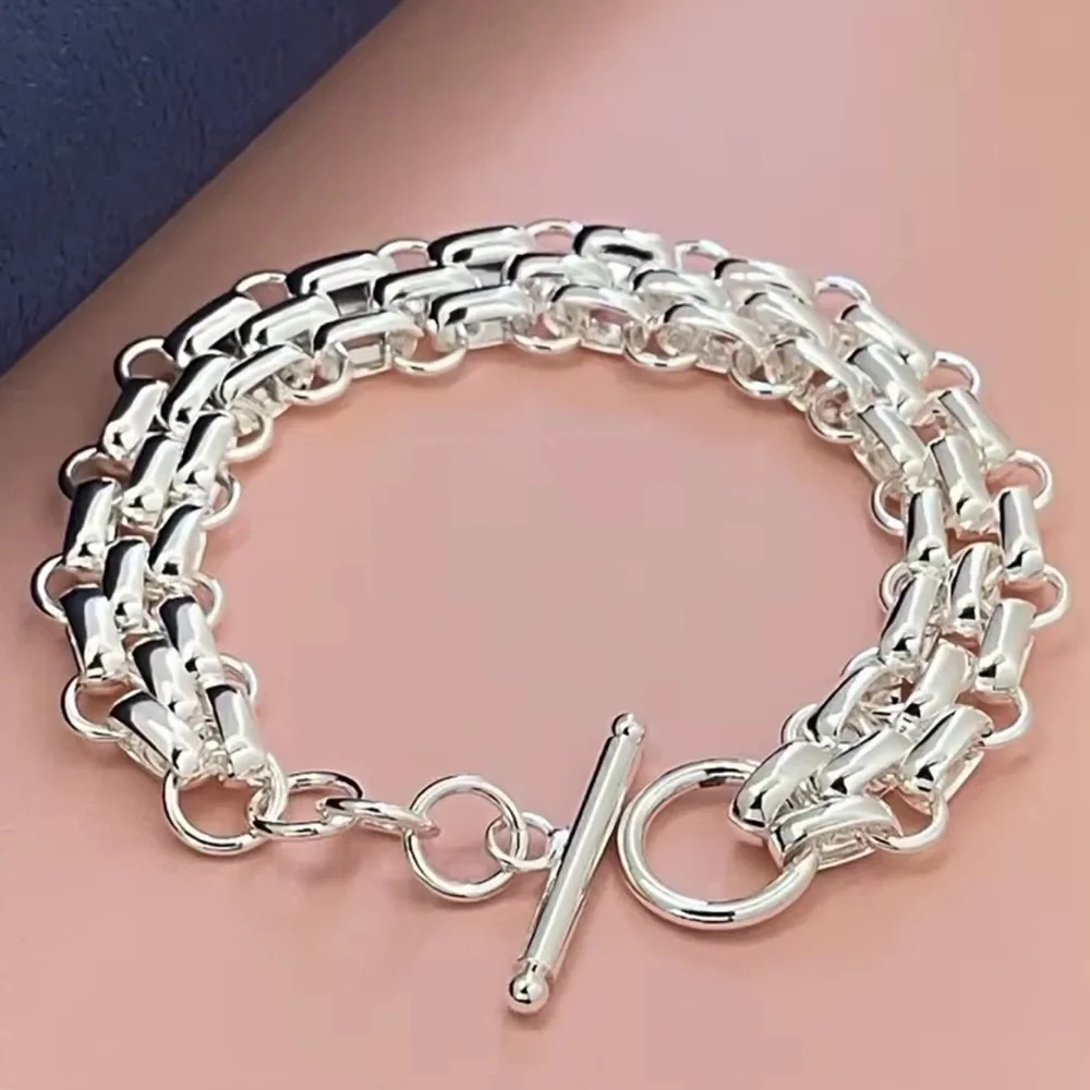 Sterling Silver Chain Link Cuban Mesh Lattice Stamped 925 Bracelet - Picture 2 of 5